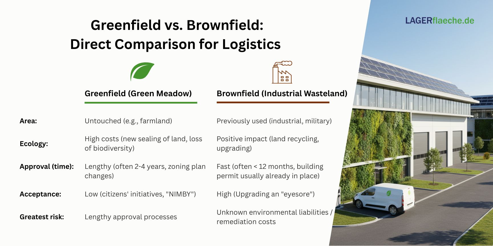 Infographic comparing Greenfield (green meadow) and Brownfield (industrial site) development for logistics based on ecology, permit time, acceptance, and risks.